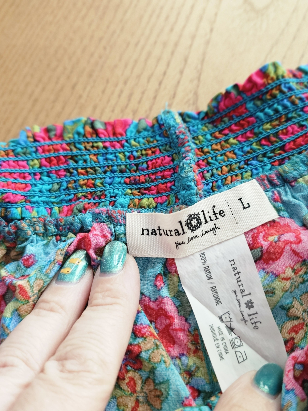 NATURAL LIFE Teal Floral High-Waist Shorts with Hot Pink Pom Pom Trim - Picture 4 of 5
